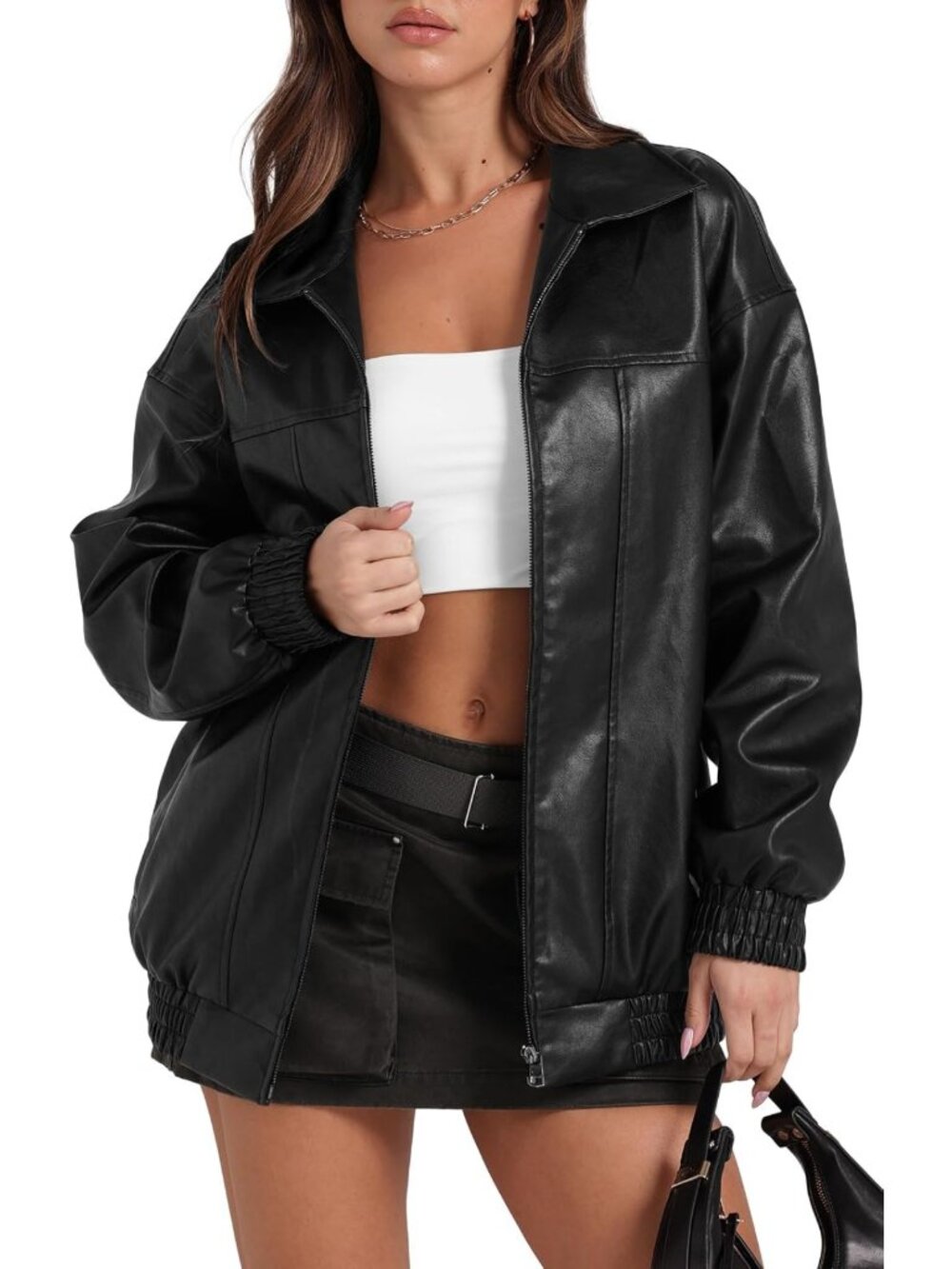 Faux Leather Oversized Motorcycle Jacket for Women - Trendy Fall Winter Coat